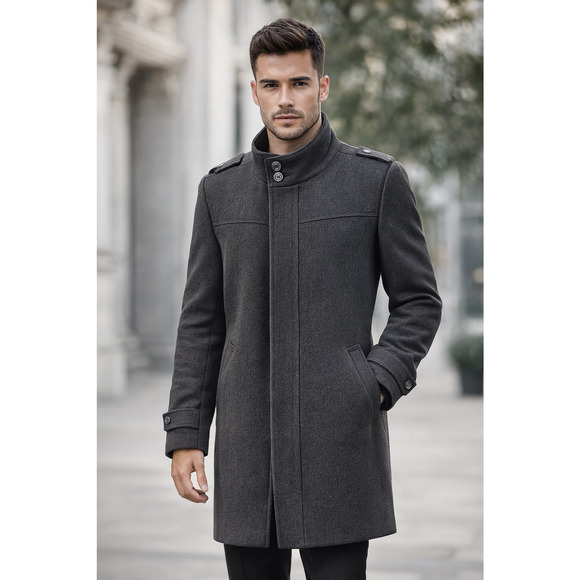 Zara Man Mens Gray Wool Blend Mid Length Shoulder Epaulets Full-Zip Coat Size L - Picture 1 of 7